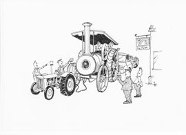 Cartoon of tractor pulling broken-down steam engine; all outside a pub