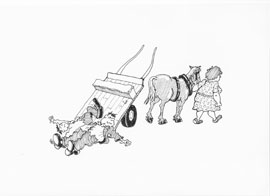 Cartoon of two men falling off a cart as the horse is led away